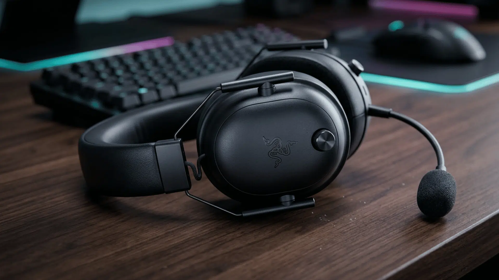 over ear gaming headset with adjustable frame and soft ear pads in clean modern gaming setup