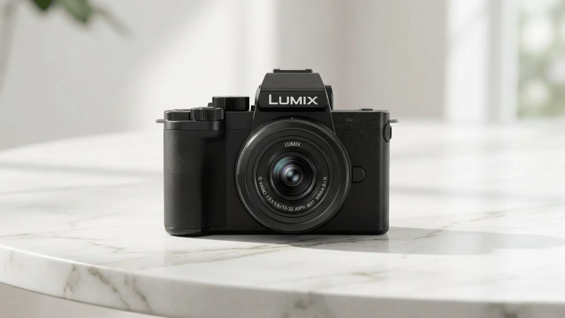 panasonic lumix camera on white marble table with clean background and soft diffused lighting