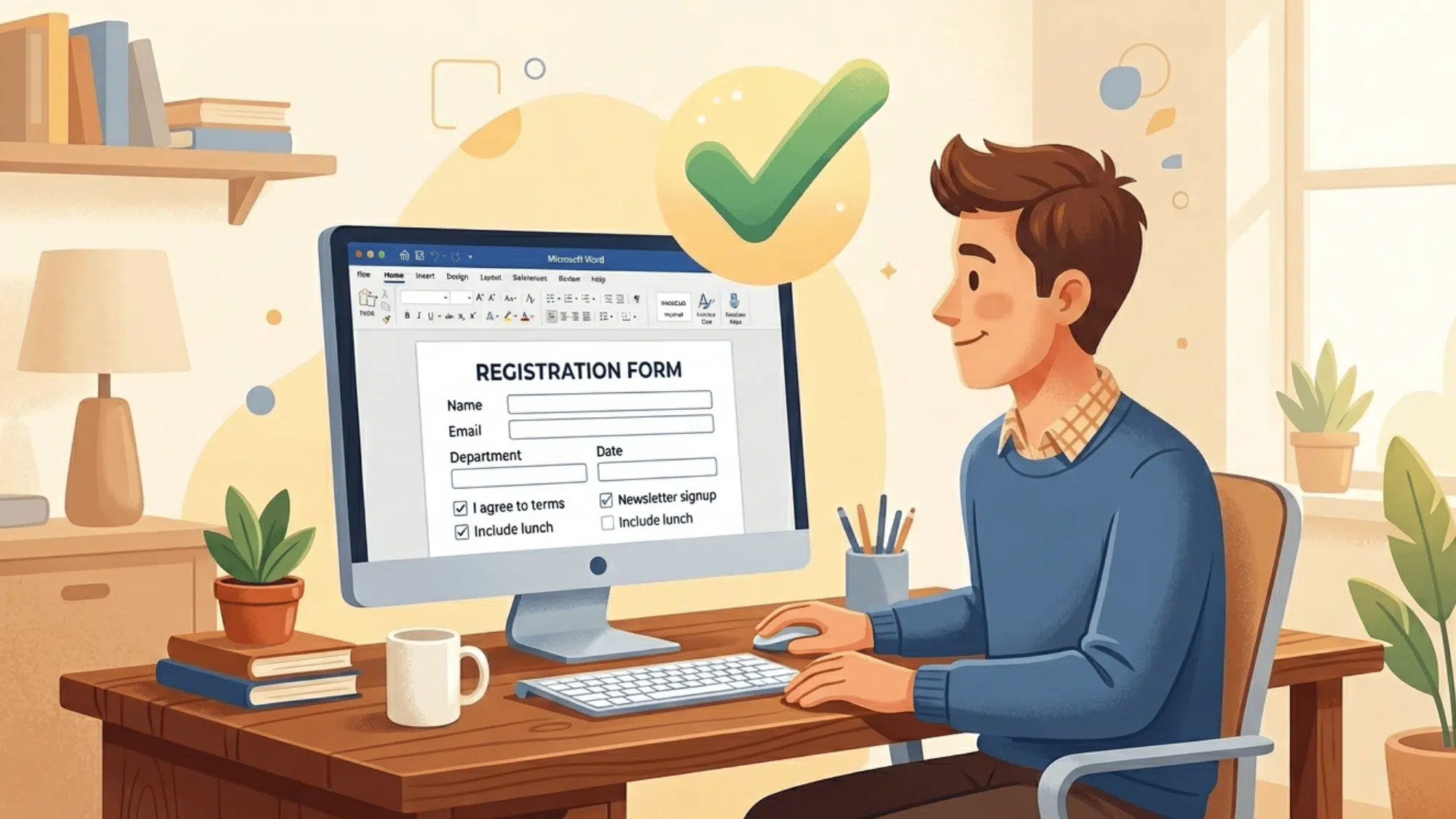person filling registration form on computer in home office with check mark approval and clean workspace setup