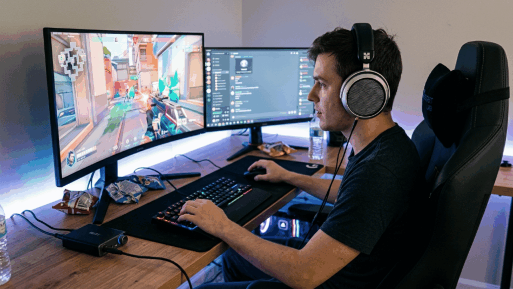 person using Hifiman HE400se headphones while gaming on a PC setup, highlighting comfort, open-back design, and competitive gameplay use.