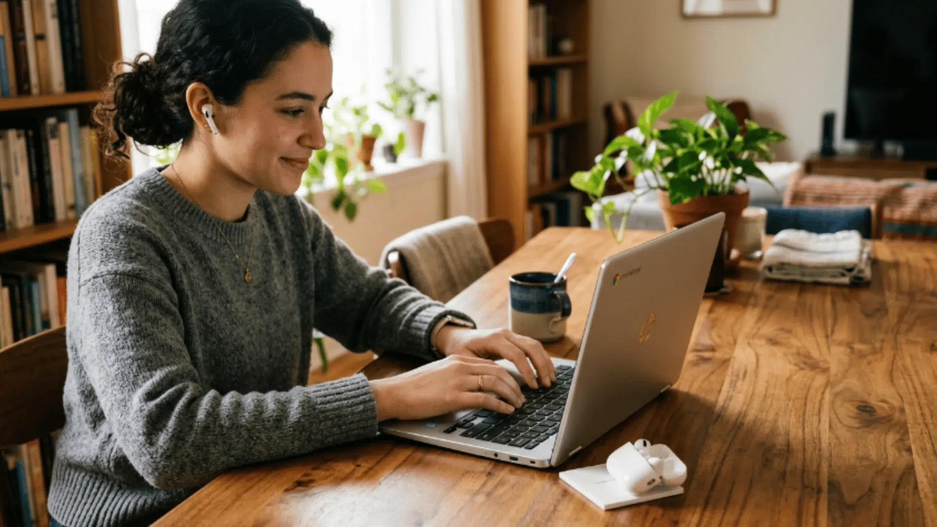 person using a Chromebook while wearing AirPods, showing a real-life setup for wireless audio use on a laptop