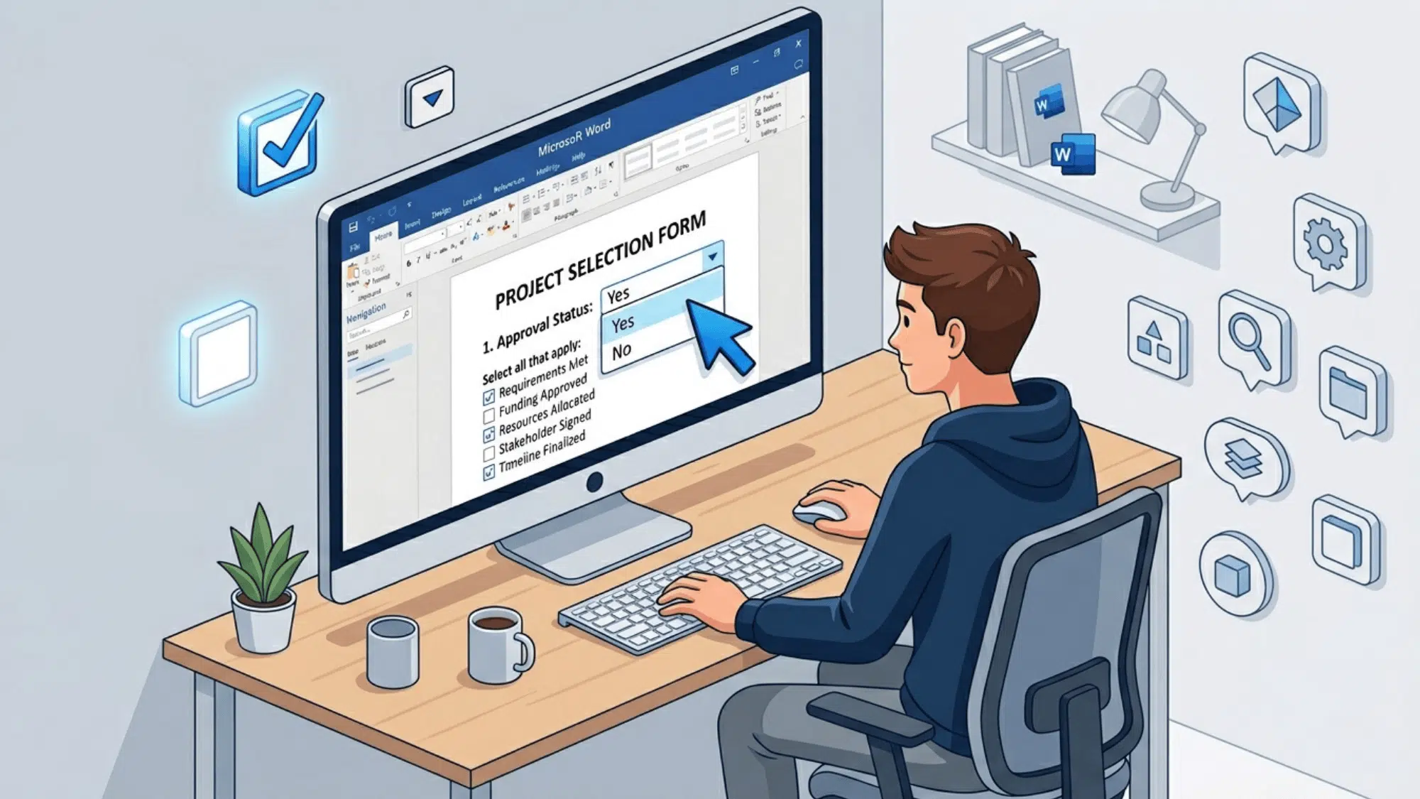 person using microsoft word project selection form with dropdown menu and checklist items on desktop screen