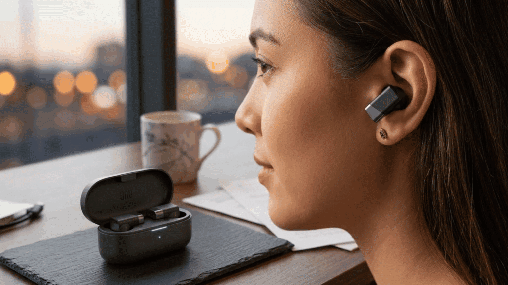 person wearing Status Between Pro earbuds near a window, with charging case on desk, showing compact design and everyday use.