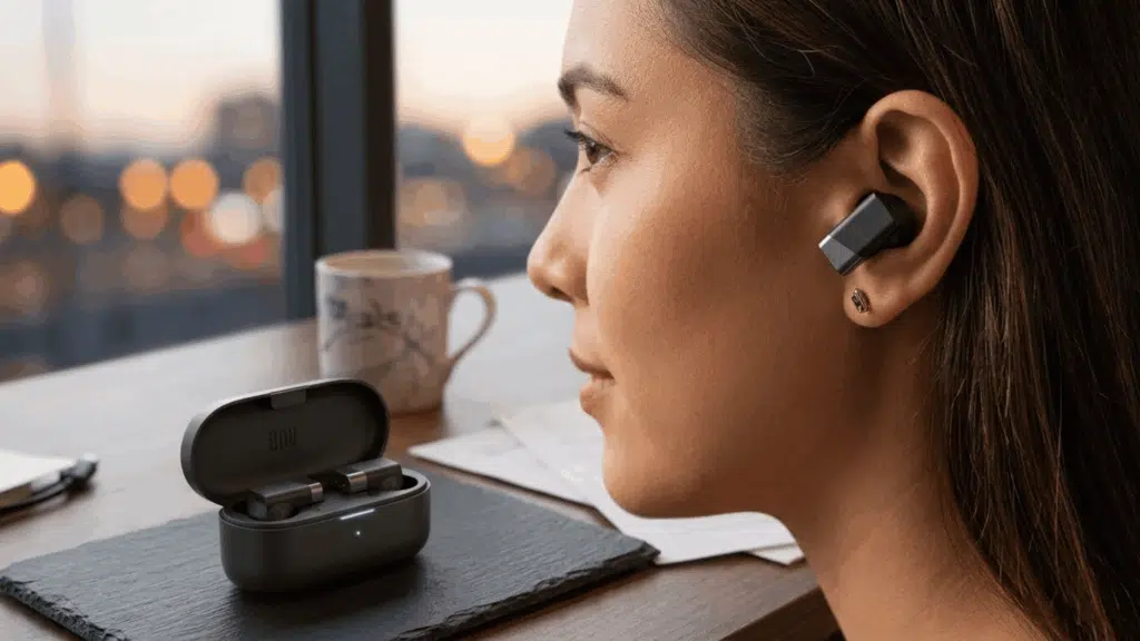 person wearing Status Between Pro earbuds near a window, with charging case on desk, showing compact design and everyday use.