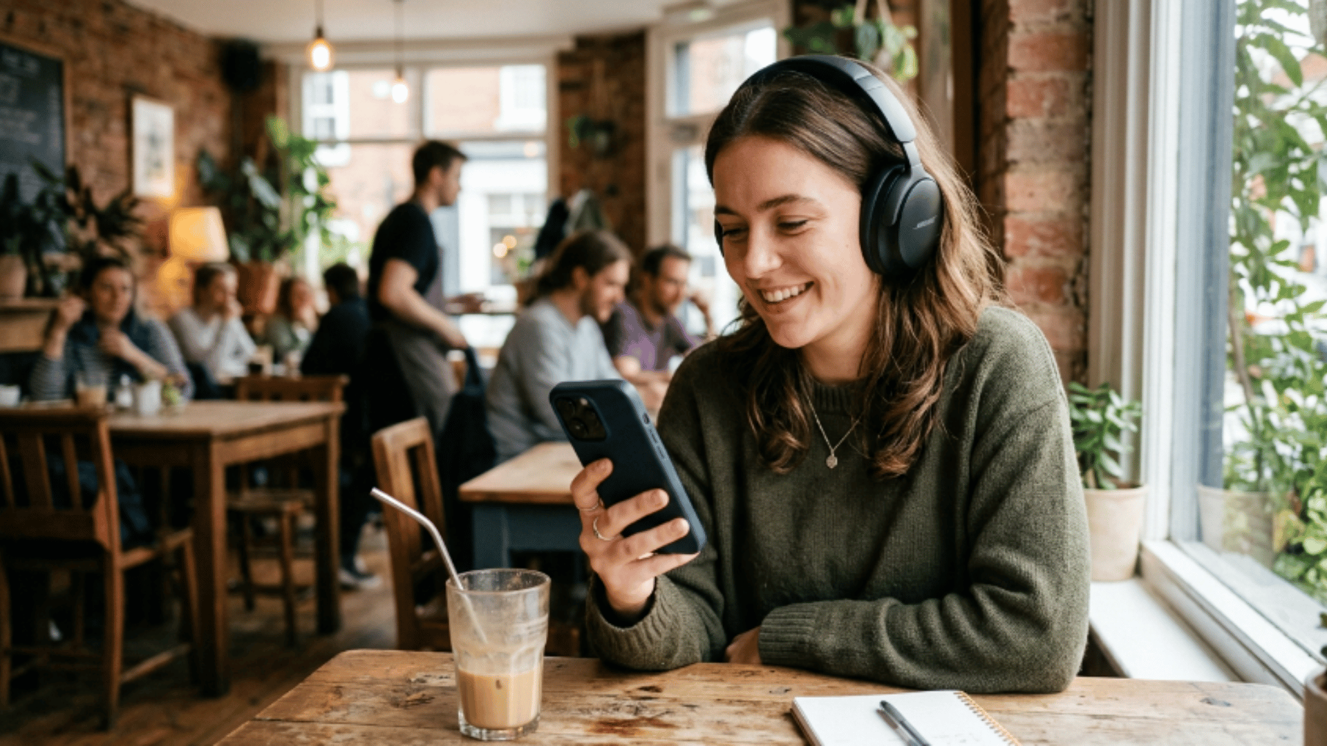 person wearing Bose headphones using an iPhone in a cafe, showing real-life use of wireless audio and Bluetooth connection