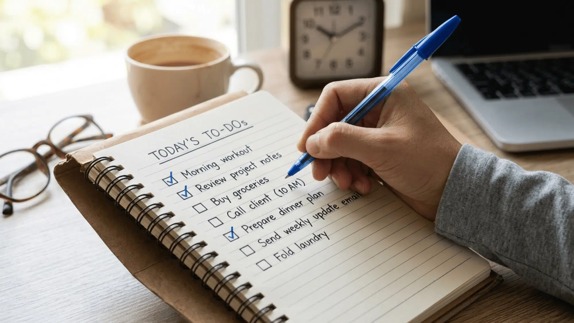 person writing daily to do list in notebook with checked tasks coffee cup clock and laptop on desk