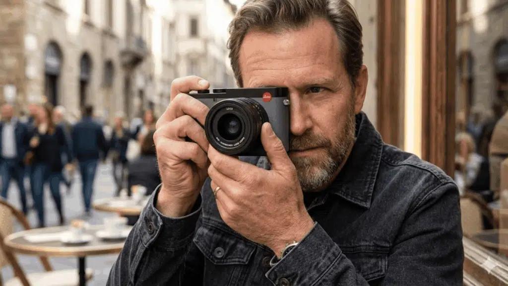photographer using a Leica Q3 camera on a busy street, capturing a moment while standing near outdoor café tables.
