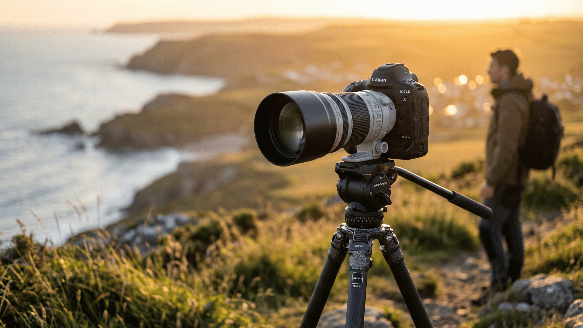 professional DSLR camera with a large lens on a tripod
