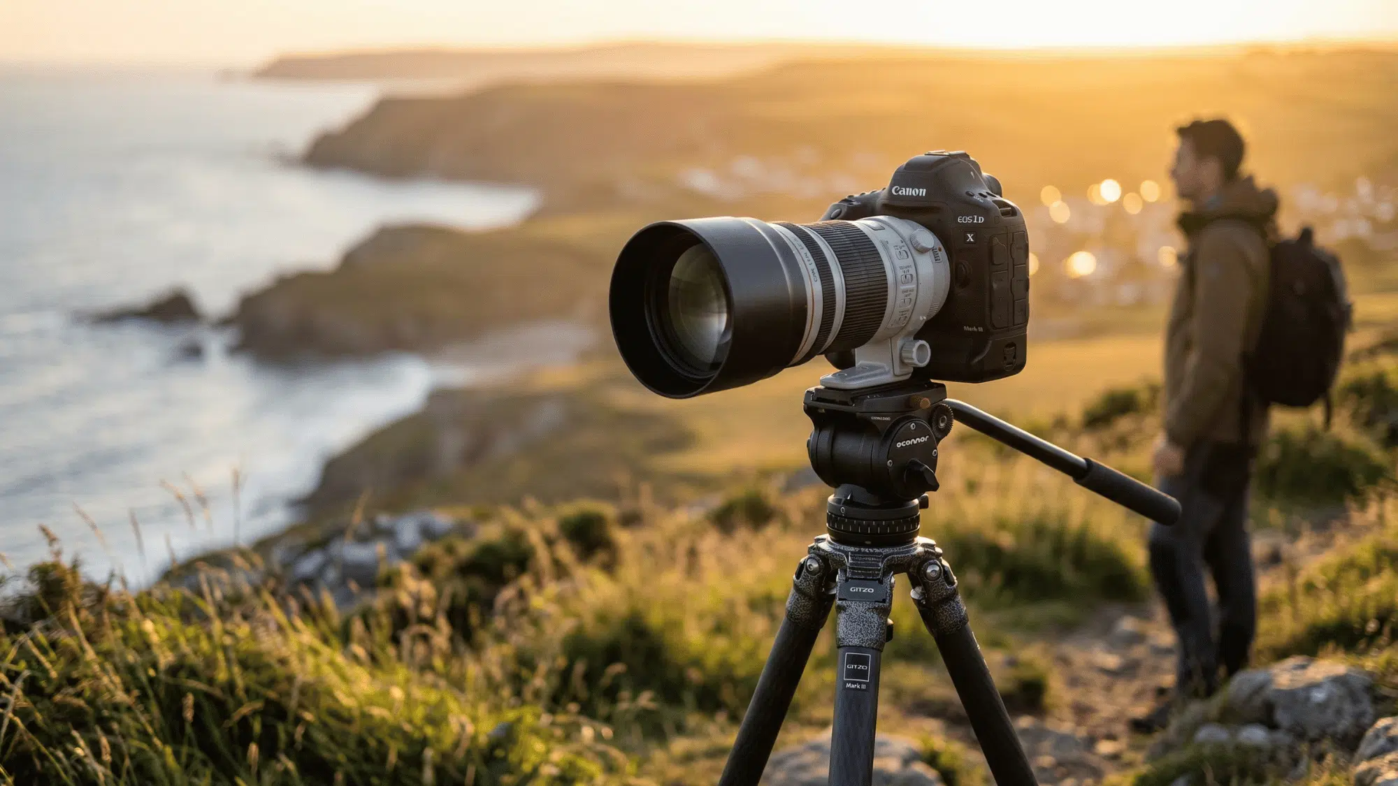 professional DSLR camera with a large lens on a tripod