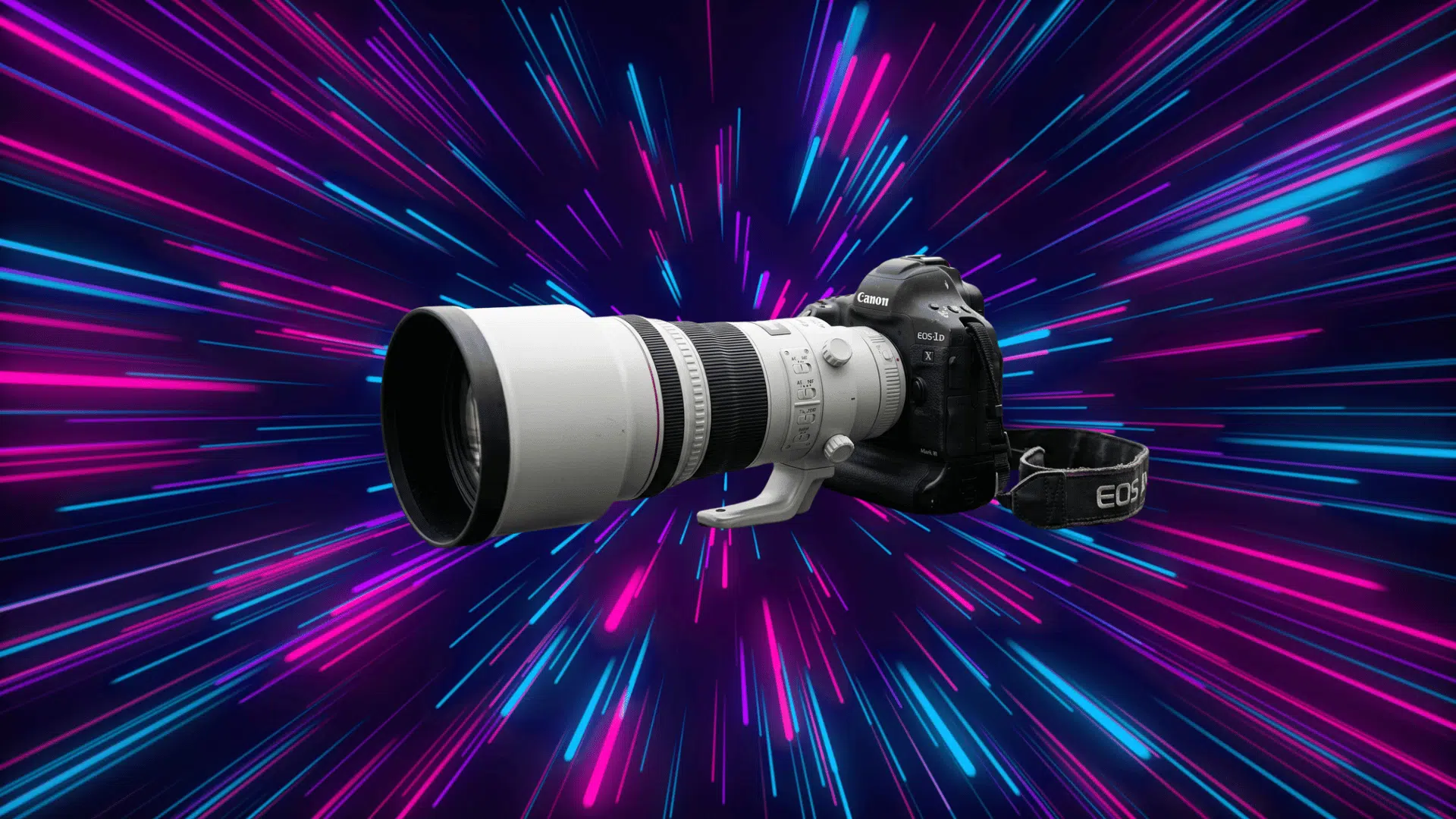 professional sports camera with telephoto lens on colorful motion background representing speed and action photography