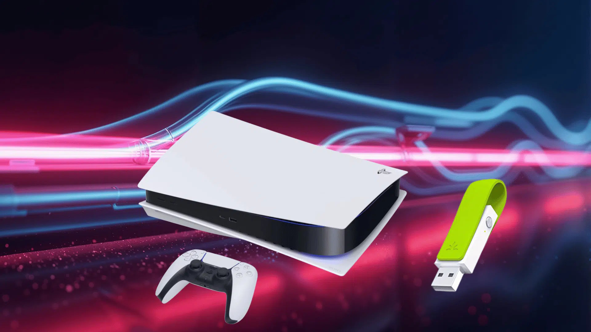 PS5 console with Bluetooth adapter and controller on a colorful background, showing wireless audio connection setup for gaming
