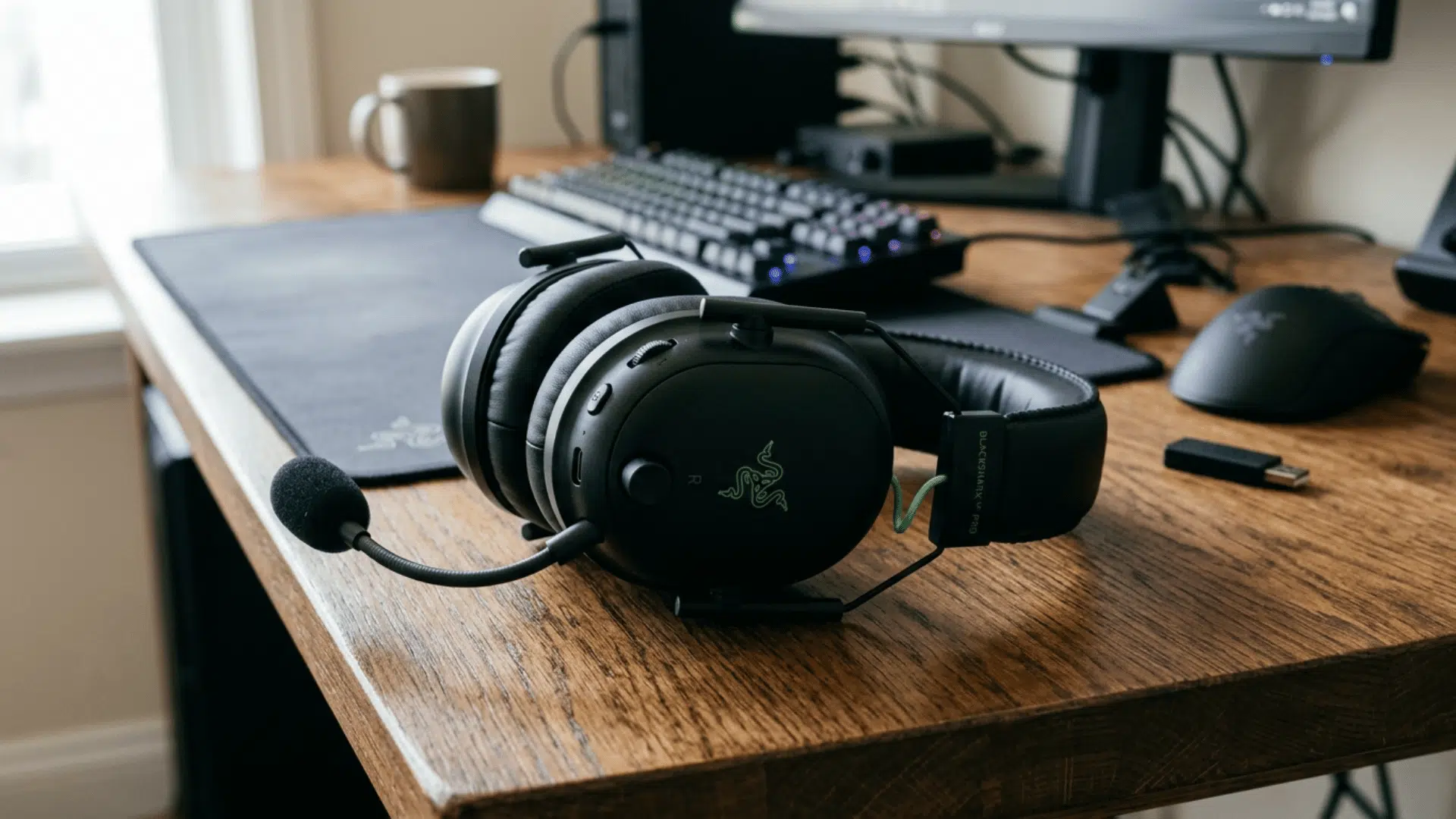 razer wireless gaming headset with detachable mic on wooden desk, showing close-up of controls and gaming accessories