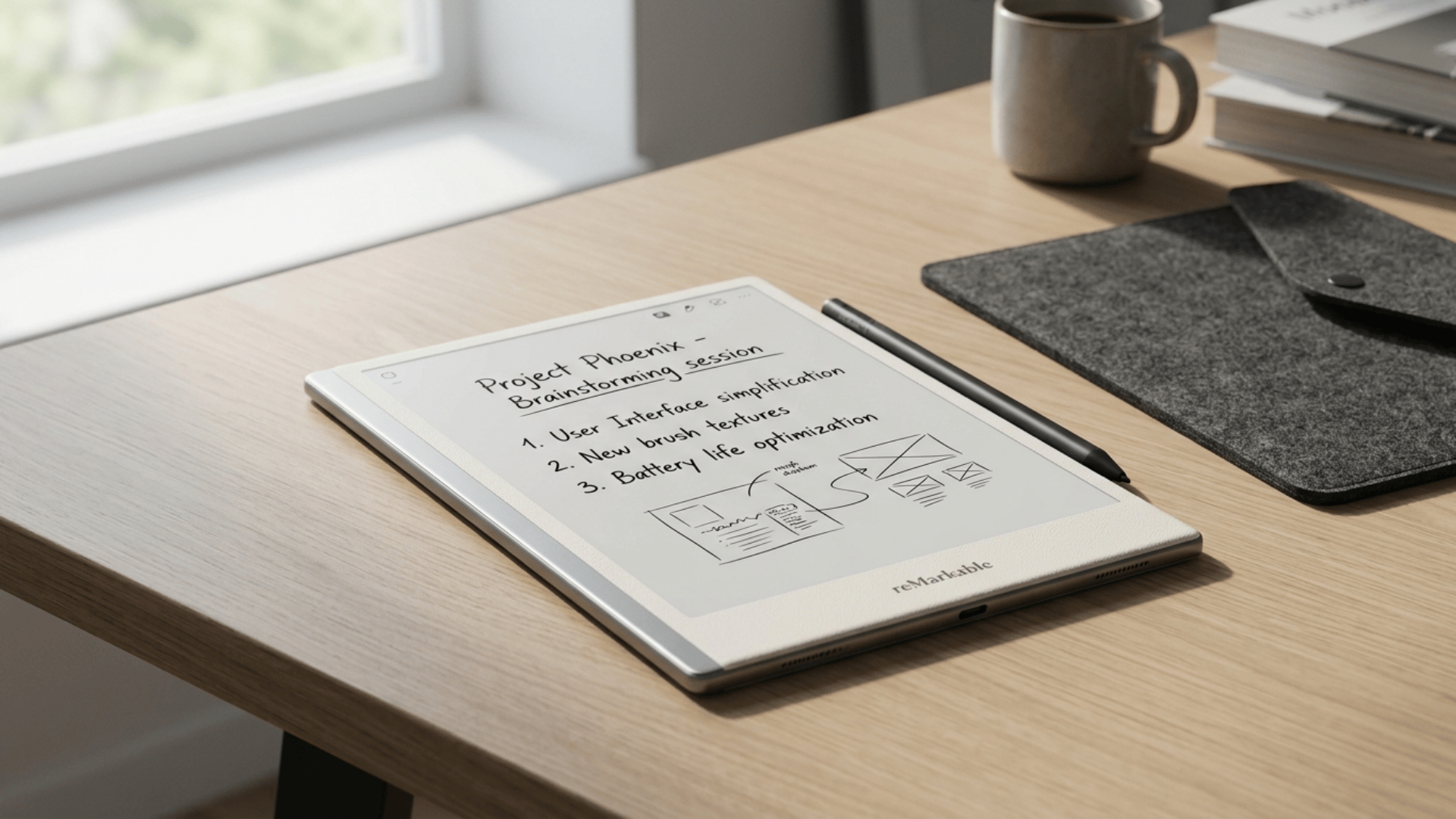 reMarkable e-ink tablet on desk with stylus showing handwritten notes, coffee mug nearby, clean workspace setup for focused note-taking
