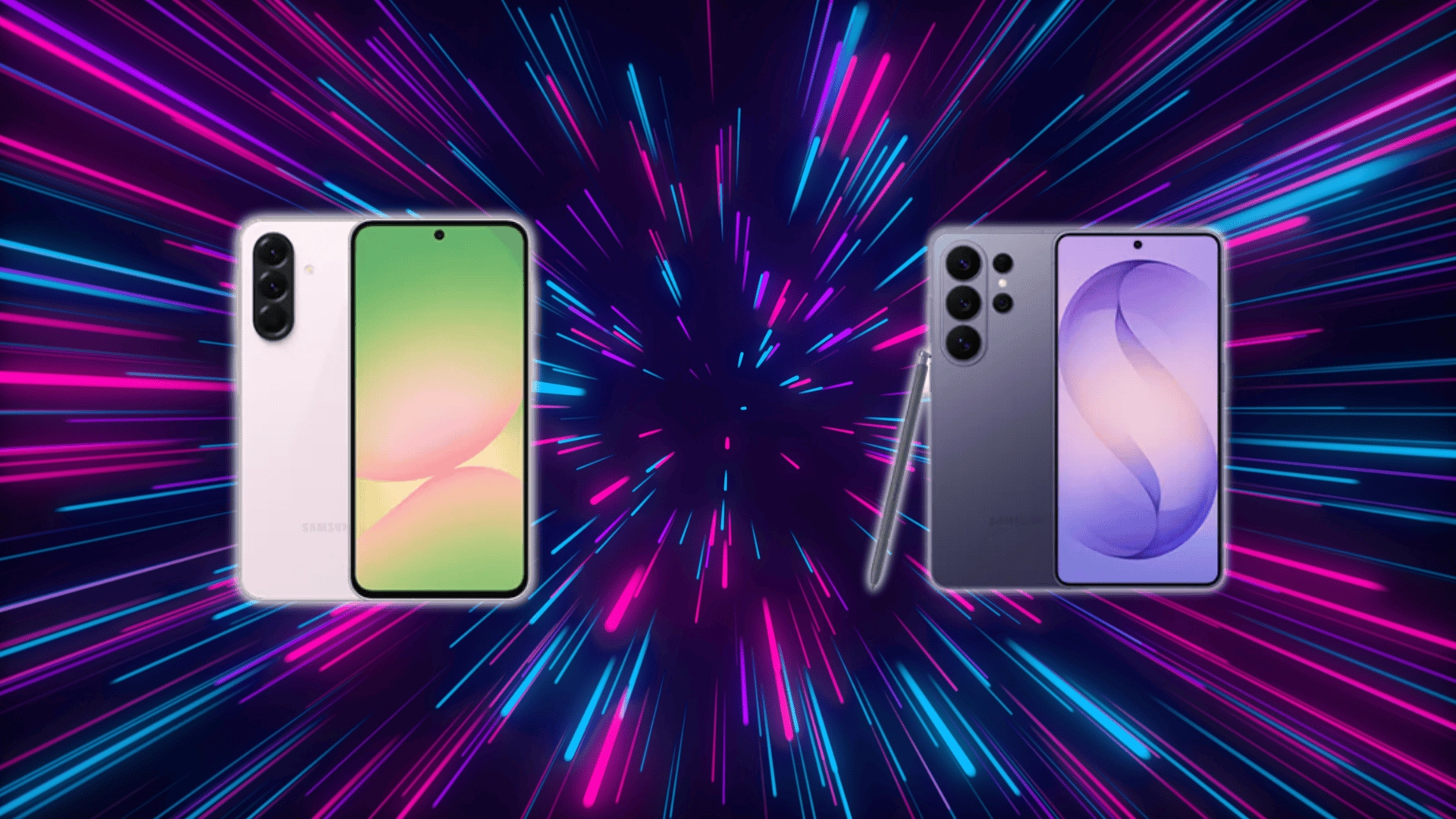 Samsung Galaxy A series and S series phones shown side by side with front and back views on a colorful light burst background