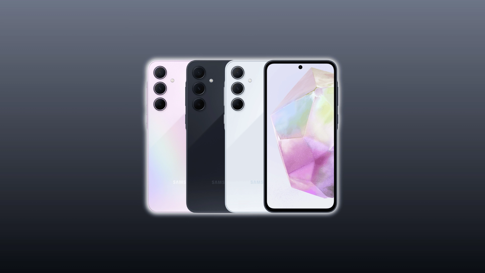 Samsung Galaxy A series phones showing multiple models with rear cameras and one front display on a dark background