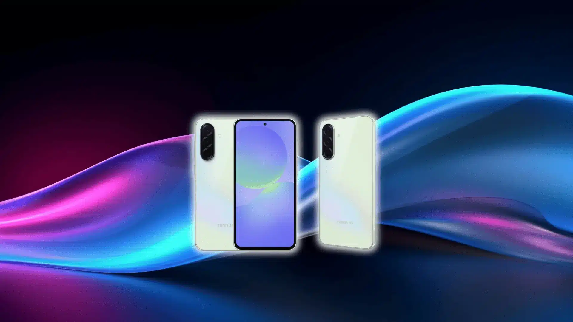 Samsung Galaxy A36 front and back view with dual rear cameras and punch-hole display on a vibrant abstract gradient background