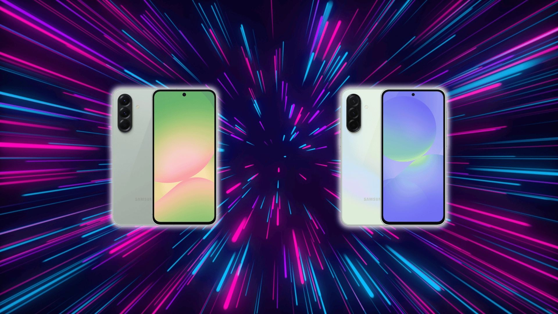 Samsung Galaxy A56 and A36 shown side by side with front and back views on a colorful radial light background