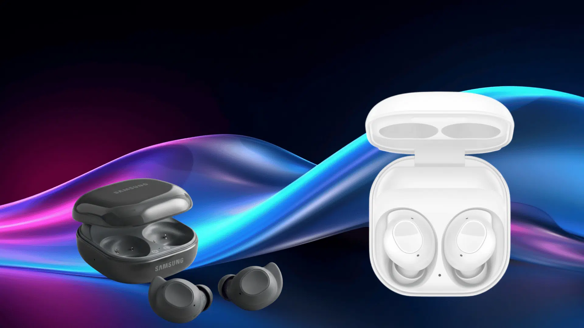 samsung Galaxy Buds FE earbuds in black and white cases displayed against a colorful abstract background, highlighting design and color options
