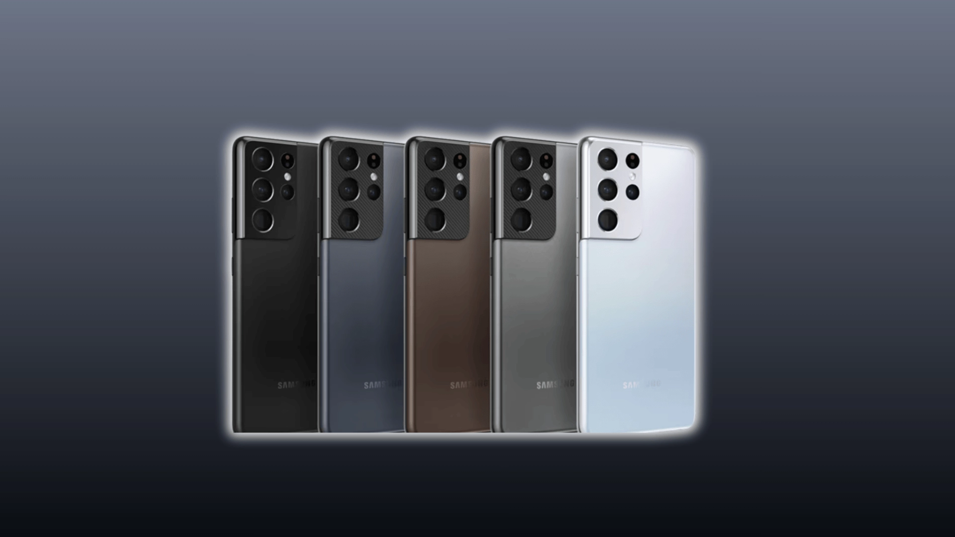 Samsung Galaxy S series phones lineup showing multiple models from back in different colors on a dark background