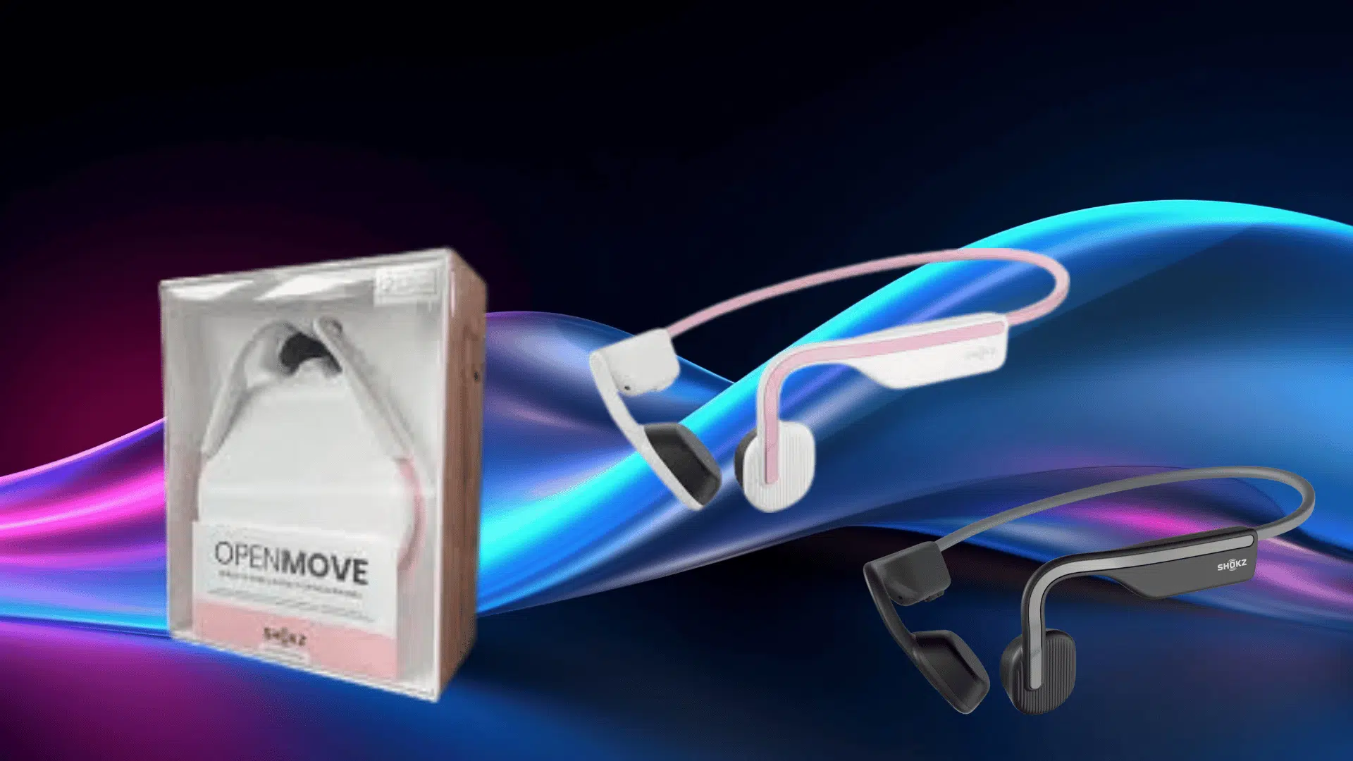 shokz OpenMove bone conduction headphones in black and pink shown with retail box, highlighting design, colors, and open-ear audio technology