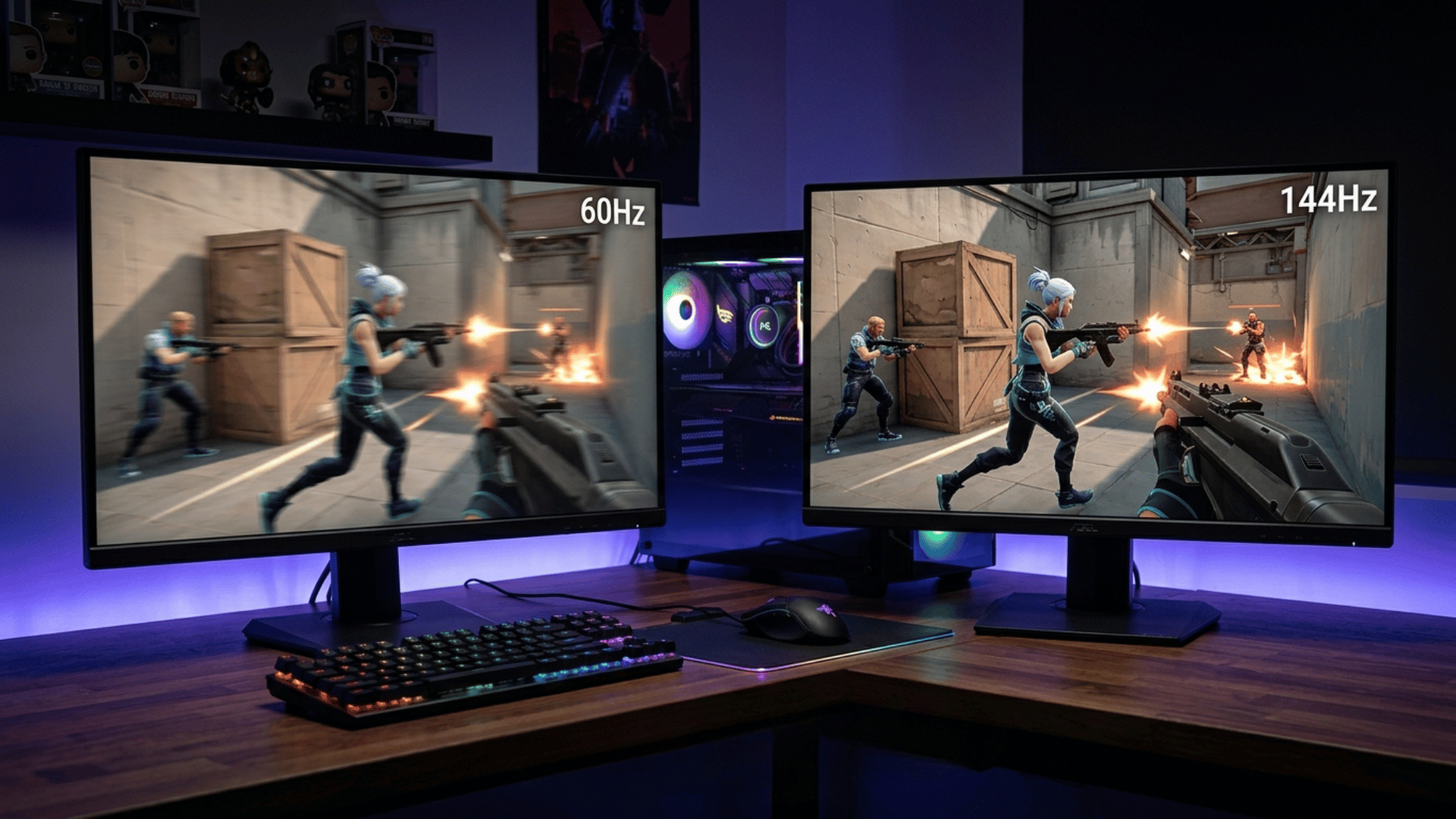 side by side monitor comparison showing 60Hz vs 144Hz gameplay with smoother motion and clarity difference in fast paced shooter game (1)