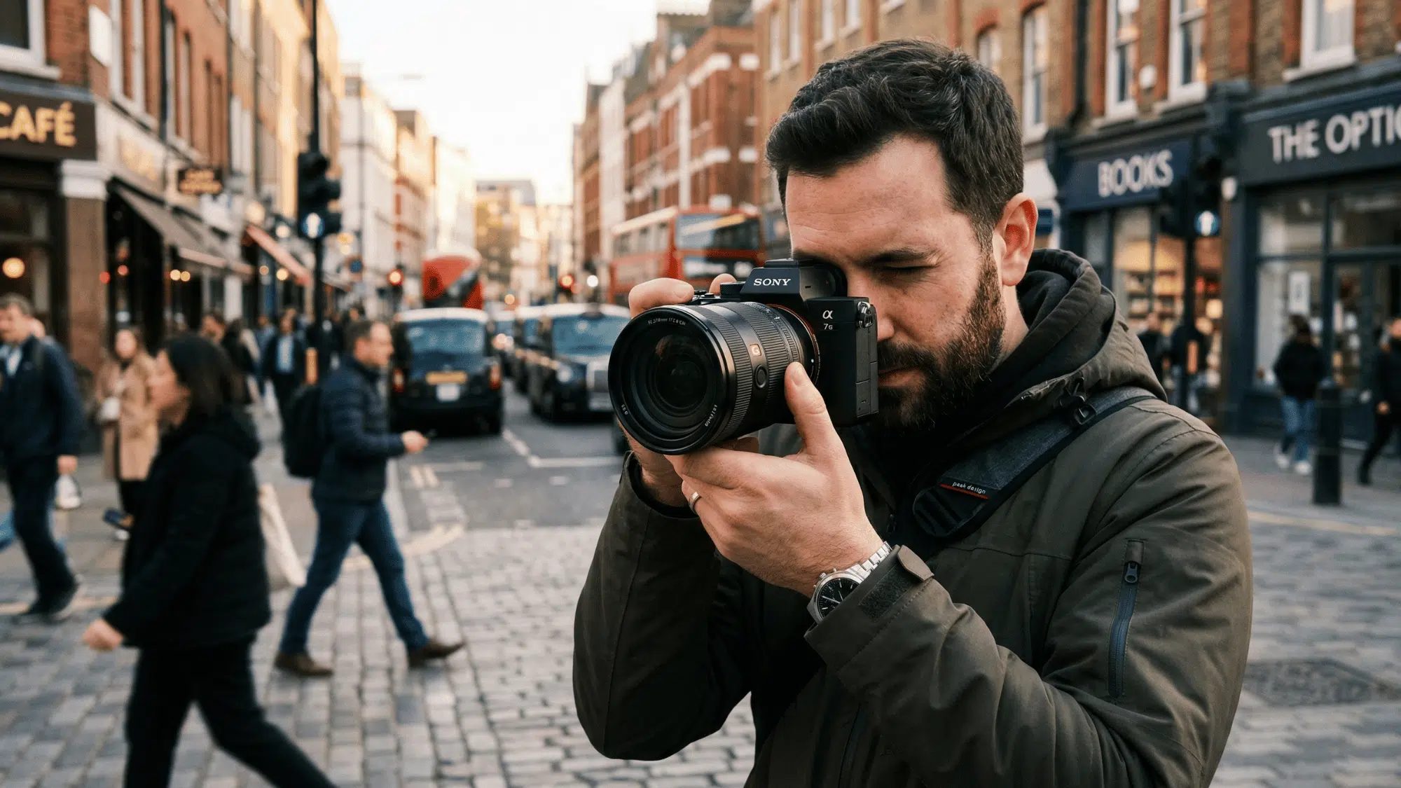 sleek mirrorless camera in hand of a photographer, urban street background, natural light, cinematic style (1)
