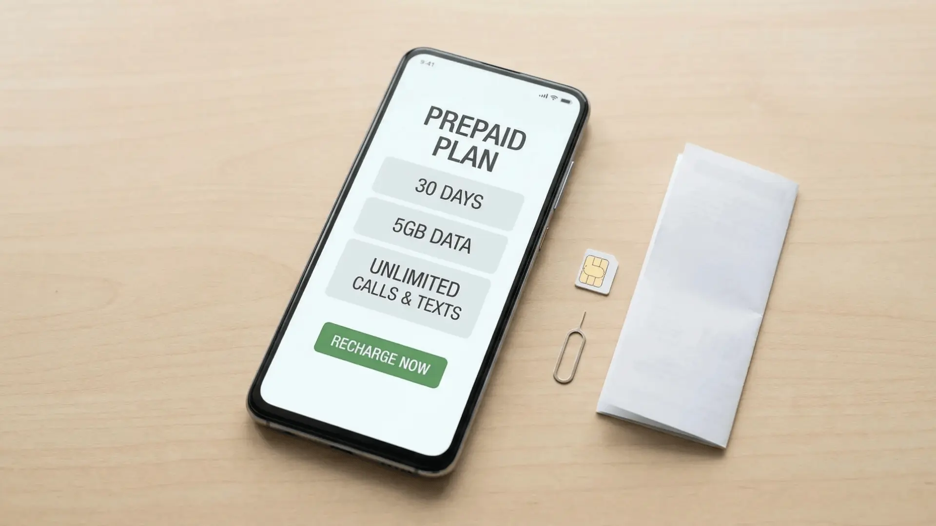 Smartphone on desk showing prepaid mobile plan with SIM card beside it