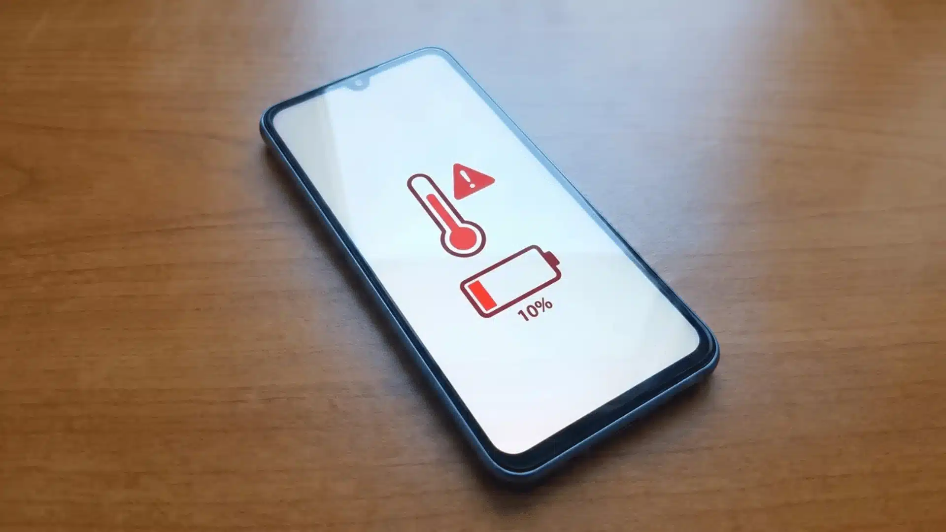 Smartphone on table showing temperature warning symbol and low battery icon