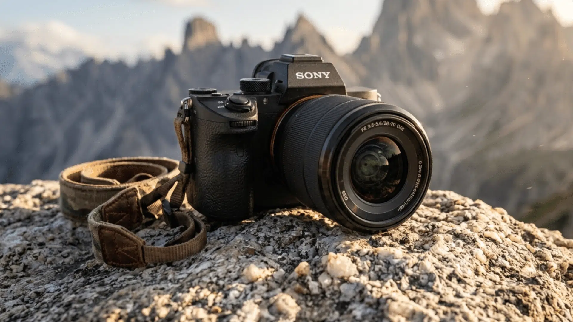 sony a9 III camera placed on stone mountain surface with outdoor natural background