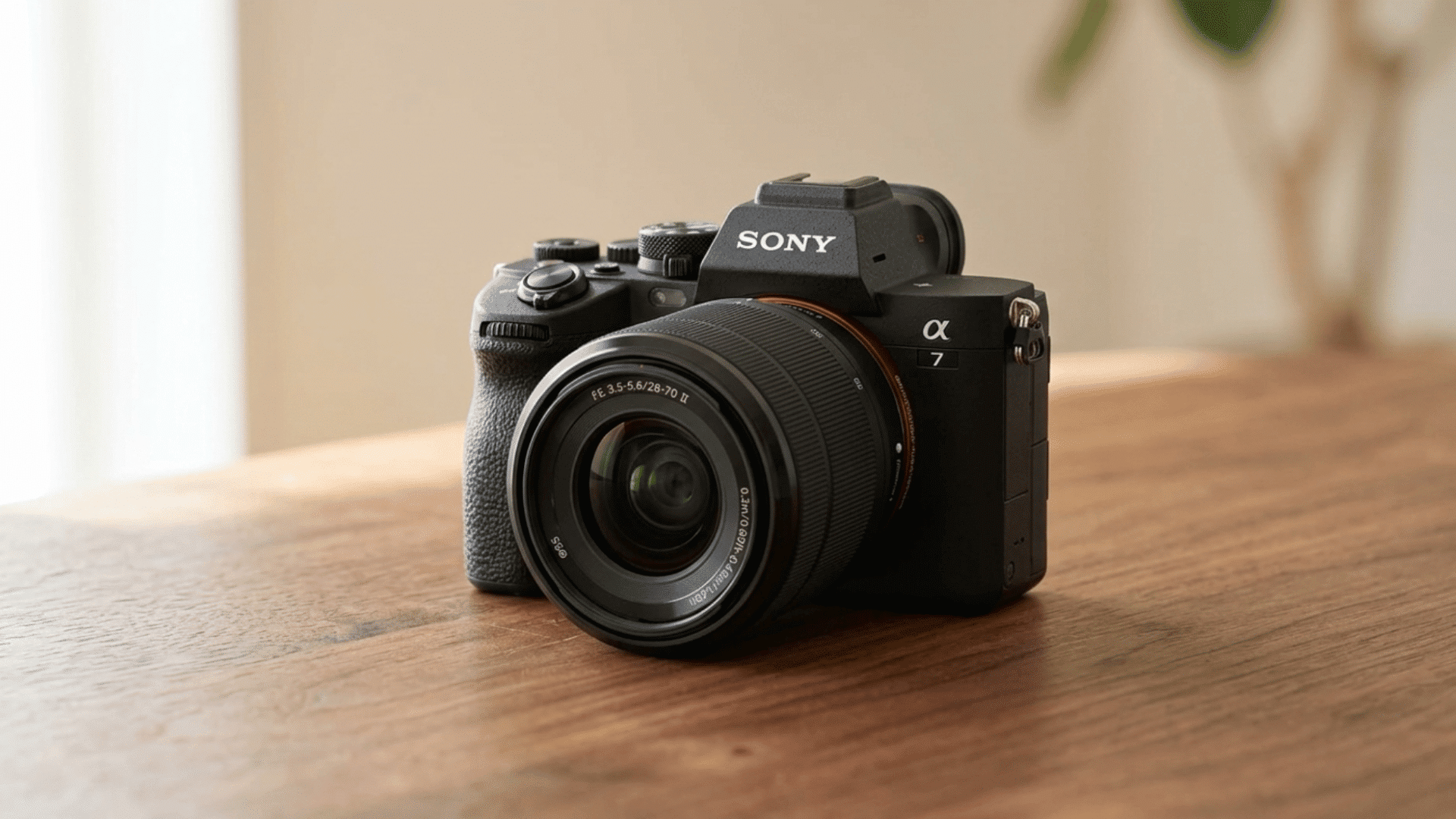 sony alpha 7 IV mirrorless camera kept on wooden table with soft natural light and minimal indoor background setup