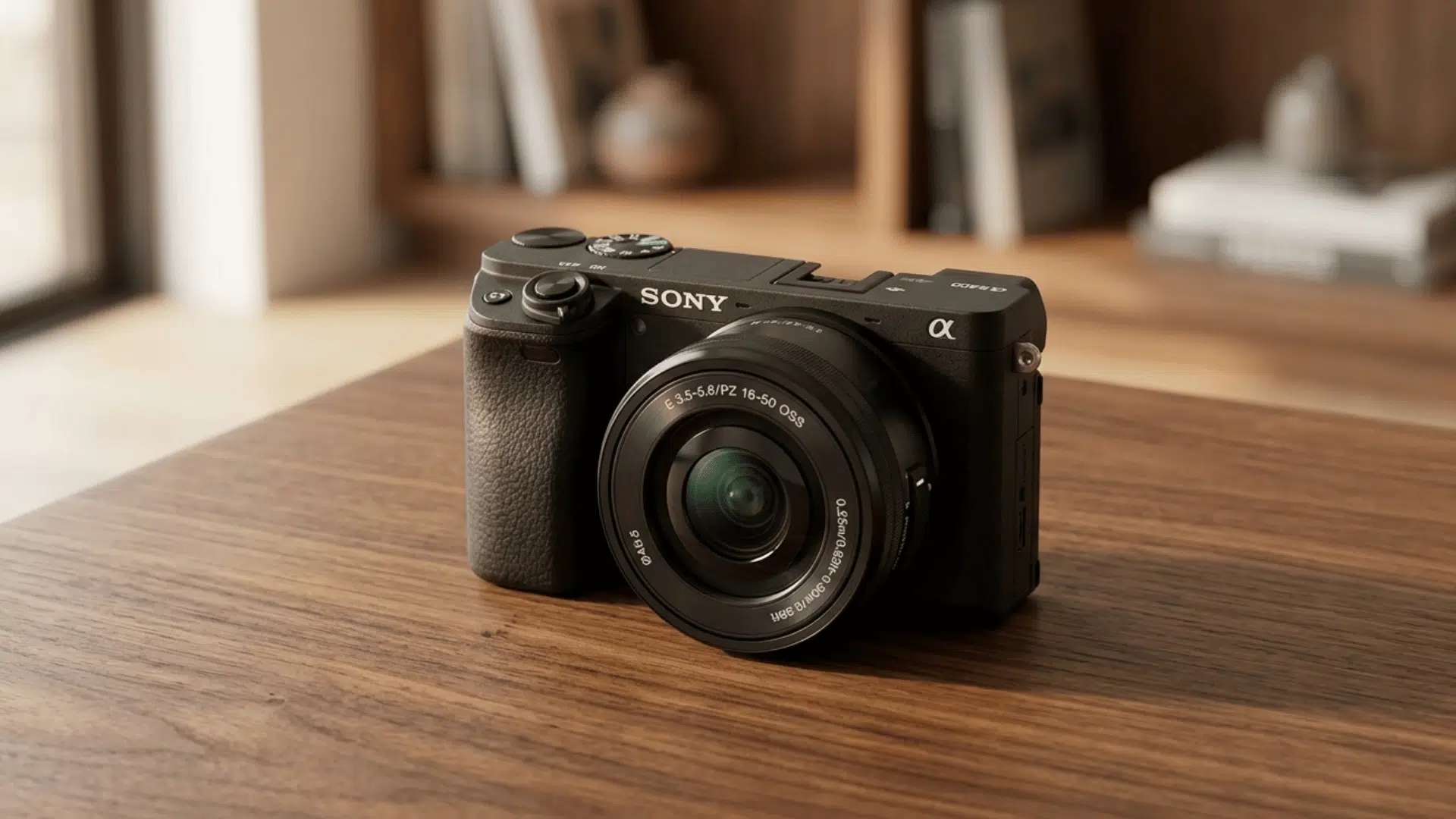 sony alpha a6400 camera kept on table in indoor setting with warm tones and soft shadows