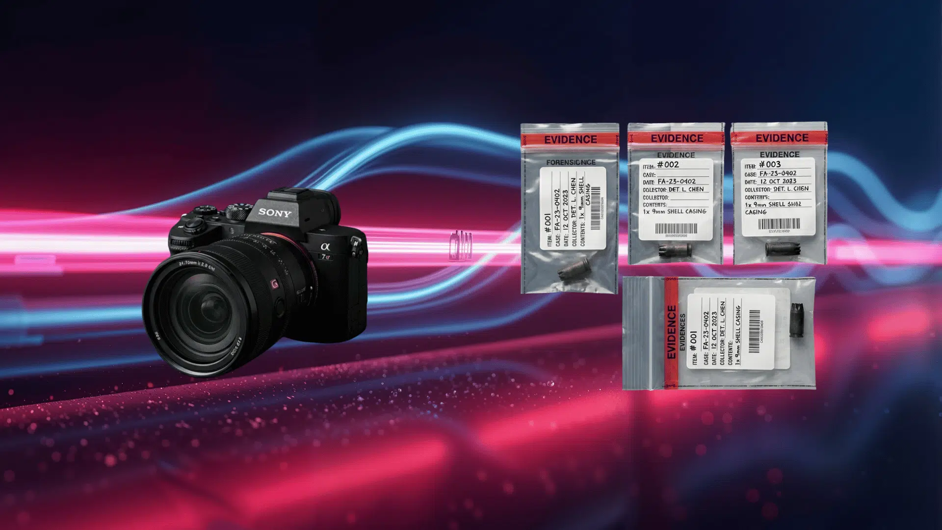 sony mirrorless camera next to labeled evidence bags with bullet casings on a neon abstract background