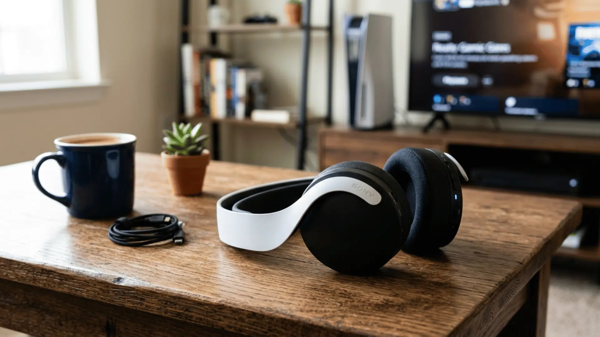 sony wireless headset on table with PS5 setup in background, showing console gaming environment and comfortable design