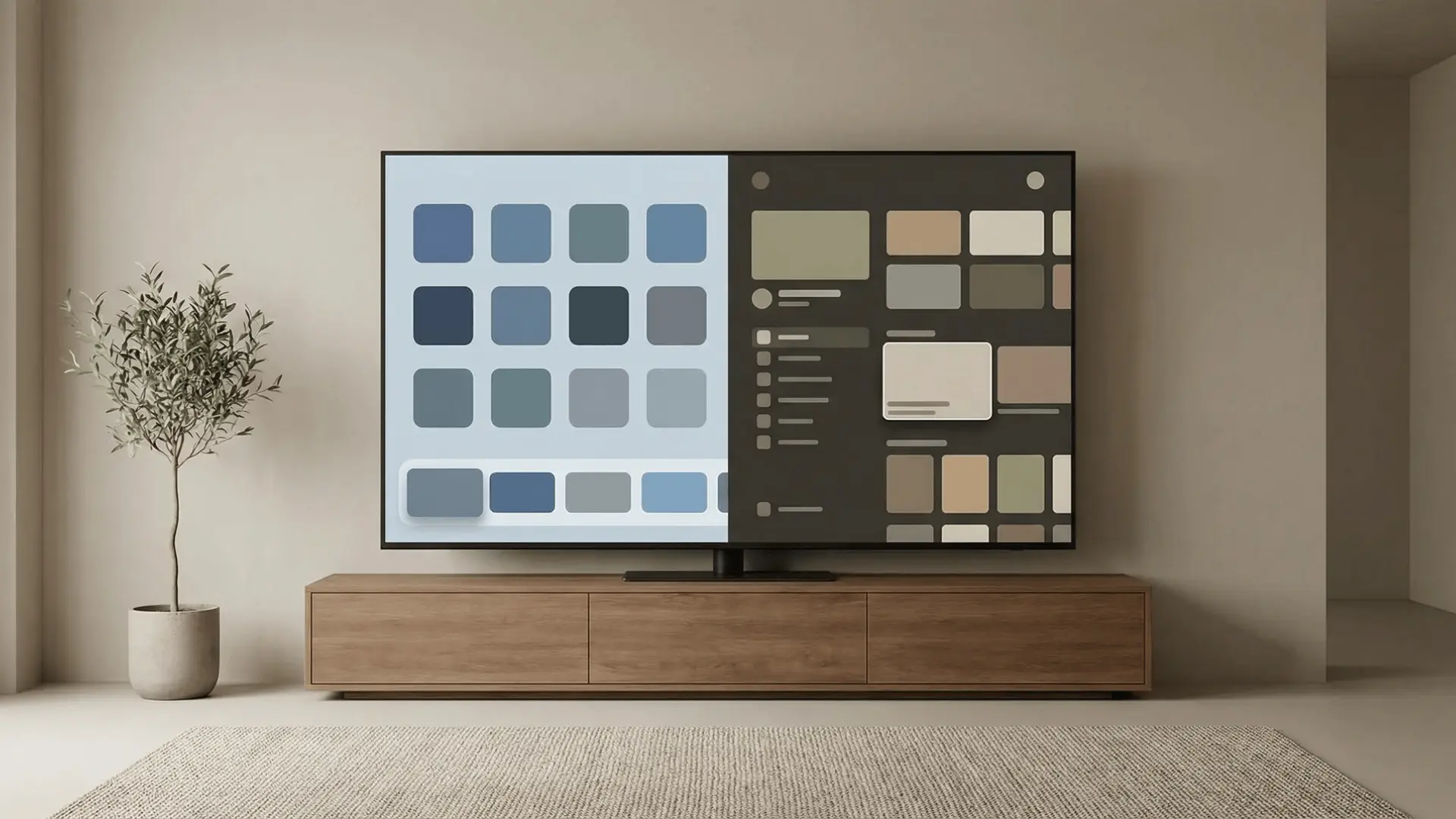 Split-screen smart TV interface showing two different operating system layouts in a living room setting