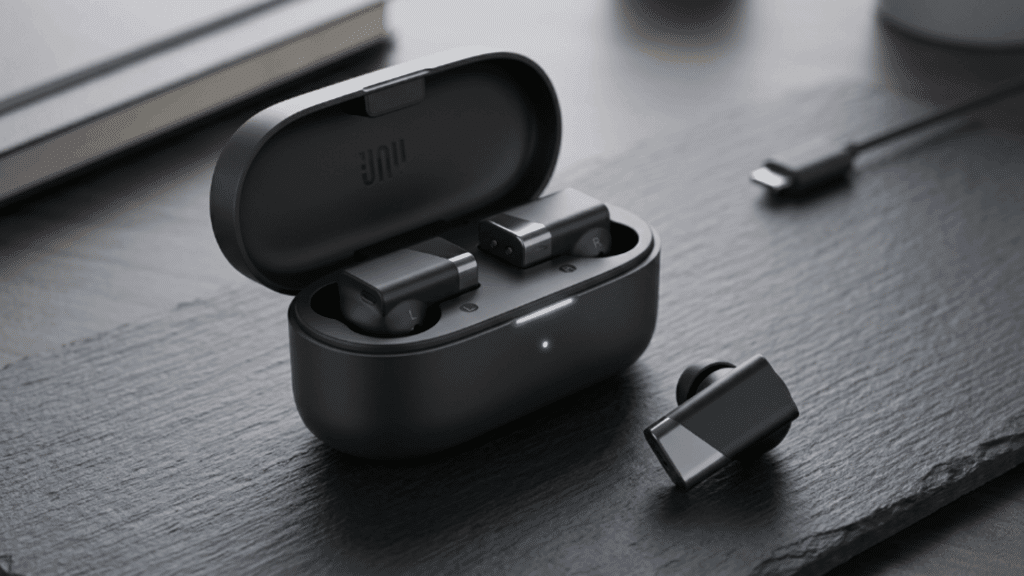 status Between Pro earbuds in charging case on desk, highlighting sleek design, LED indicator, and compact portable build.