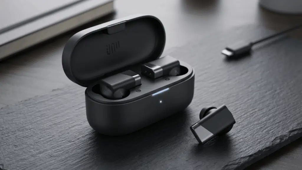 status Between Pro earbuds in charging case on desk, highlighting sleek design, LED indicator, and compact portable build.