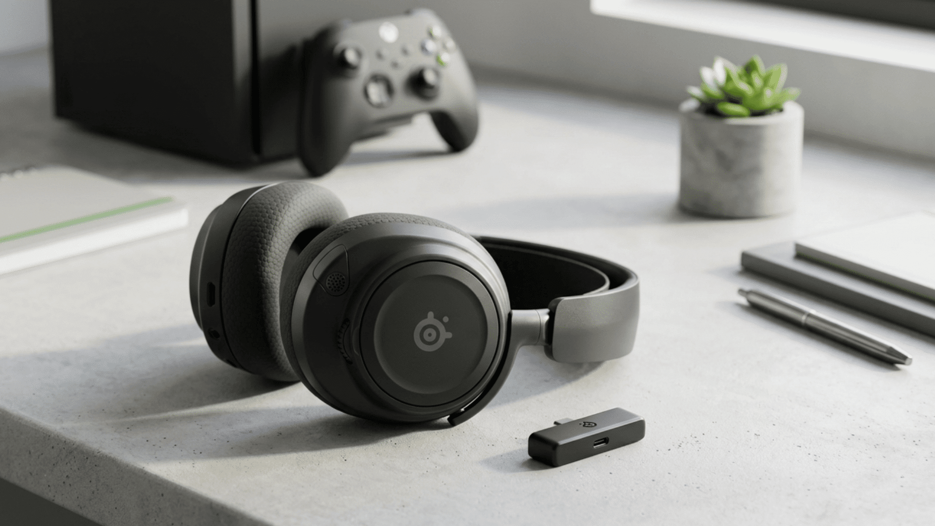 steelseries nova 7x wireless headset with lightweight frame and soft ear cups on clean desk background