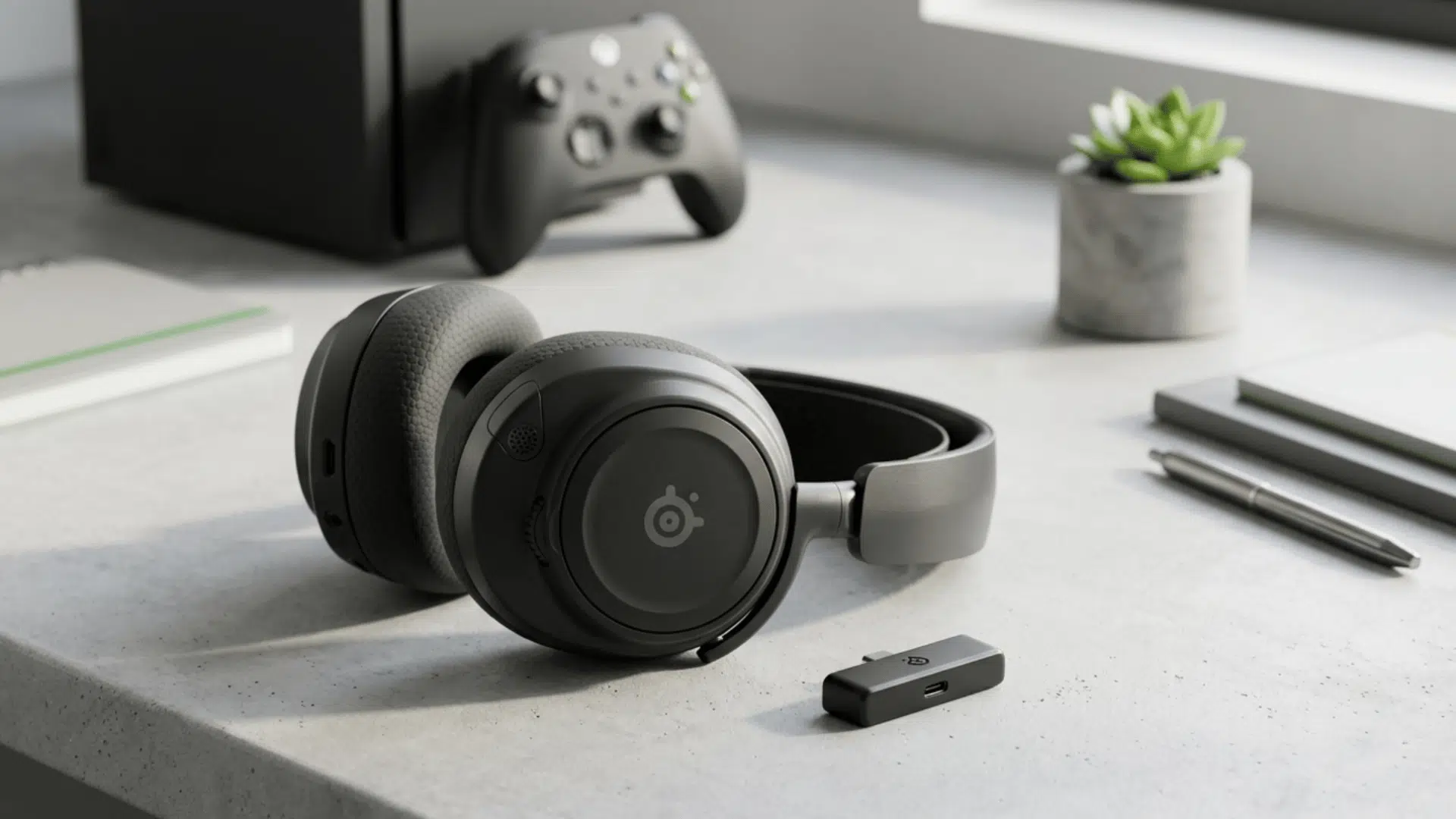 steelseries nova 7x wireless headset with lightweight frame and soft ear cups on clean desk background