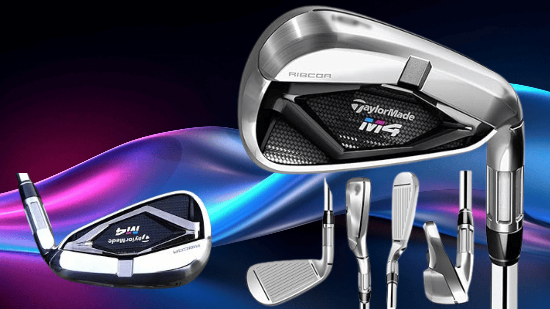 taylorMade M4 irons close-up showing cavity back design, RIBCOR tech, and club face angles with sleek chrome finish and branding