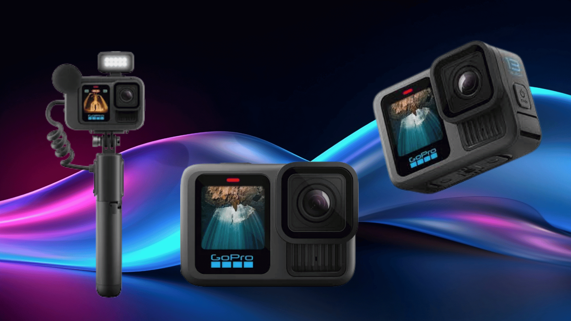 three GoPro action cameras on a colorful gradient background, including a handheld vlogging setup with light and mic.