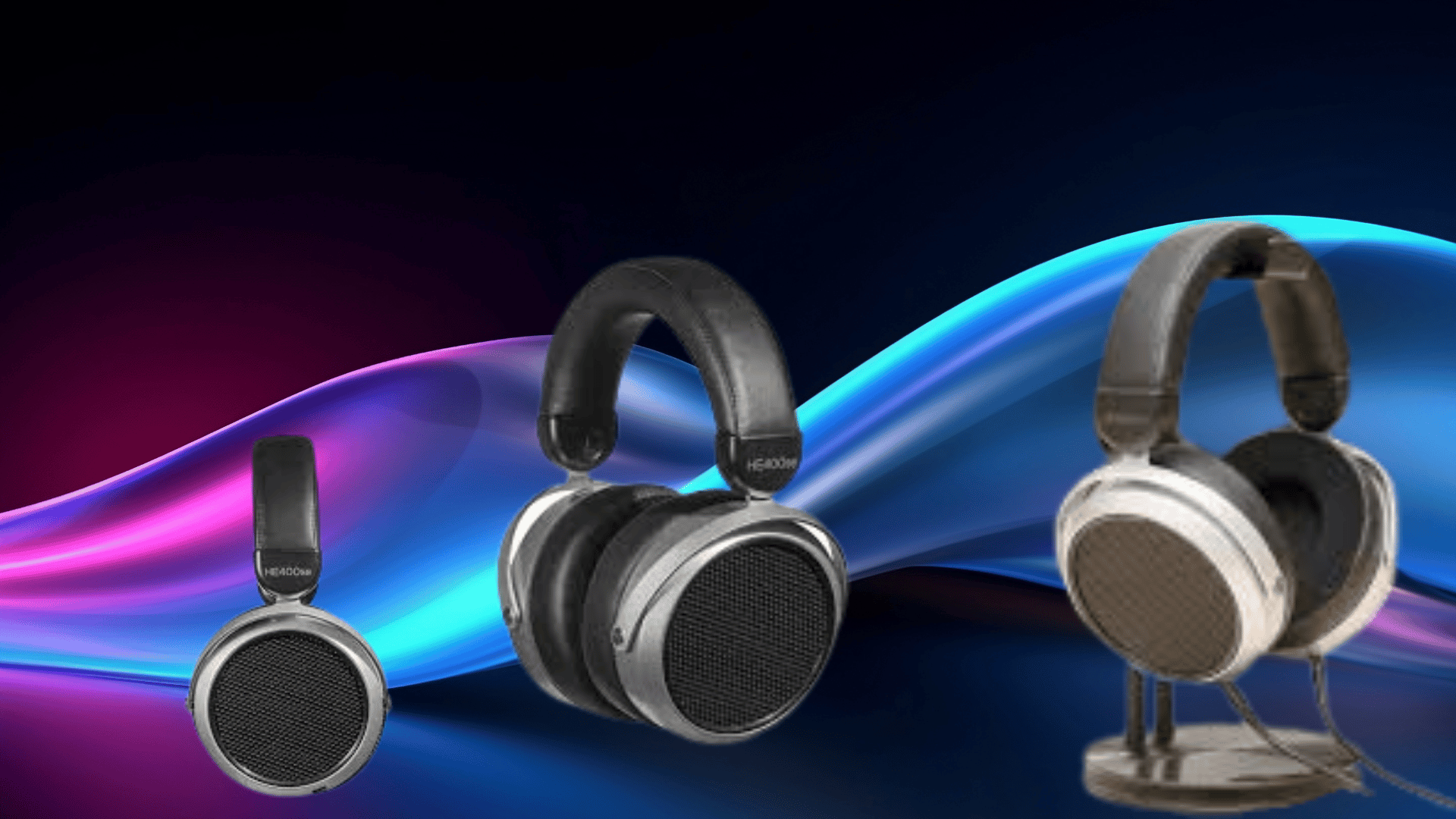 three over-ear headphones in different styles displayed on a colorful gradient wave background, showcasing premium audio gear options