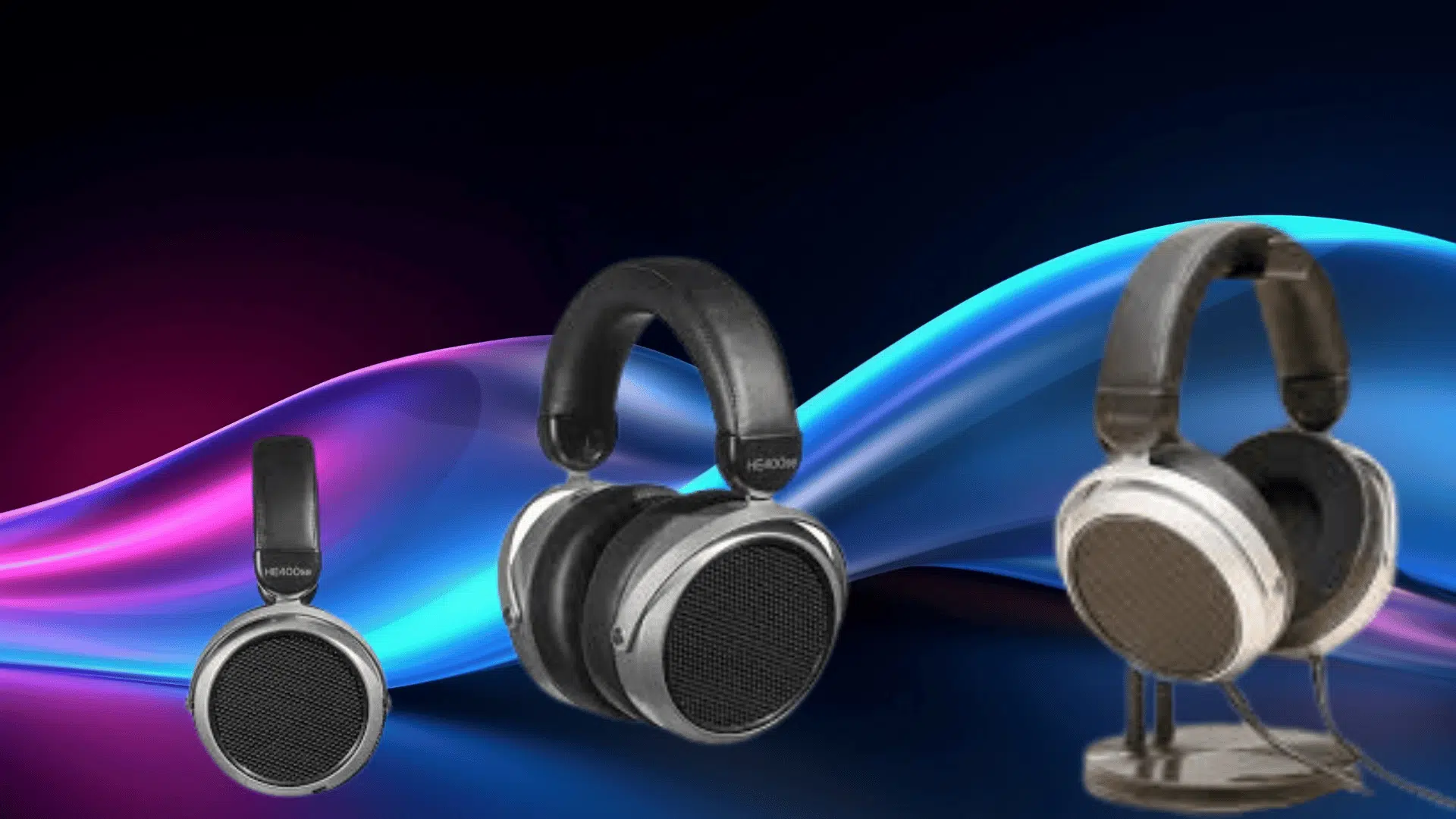 three over-ear headphones in different styles displayed on a colorful gradient wave background, showcasing premium audio gear options