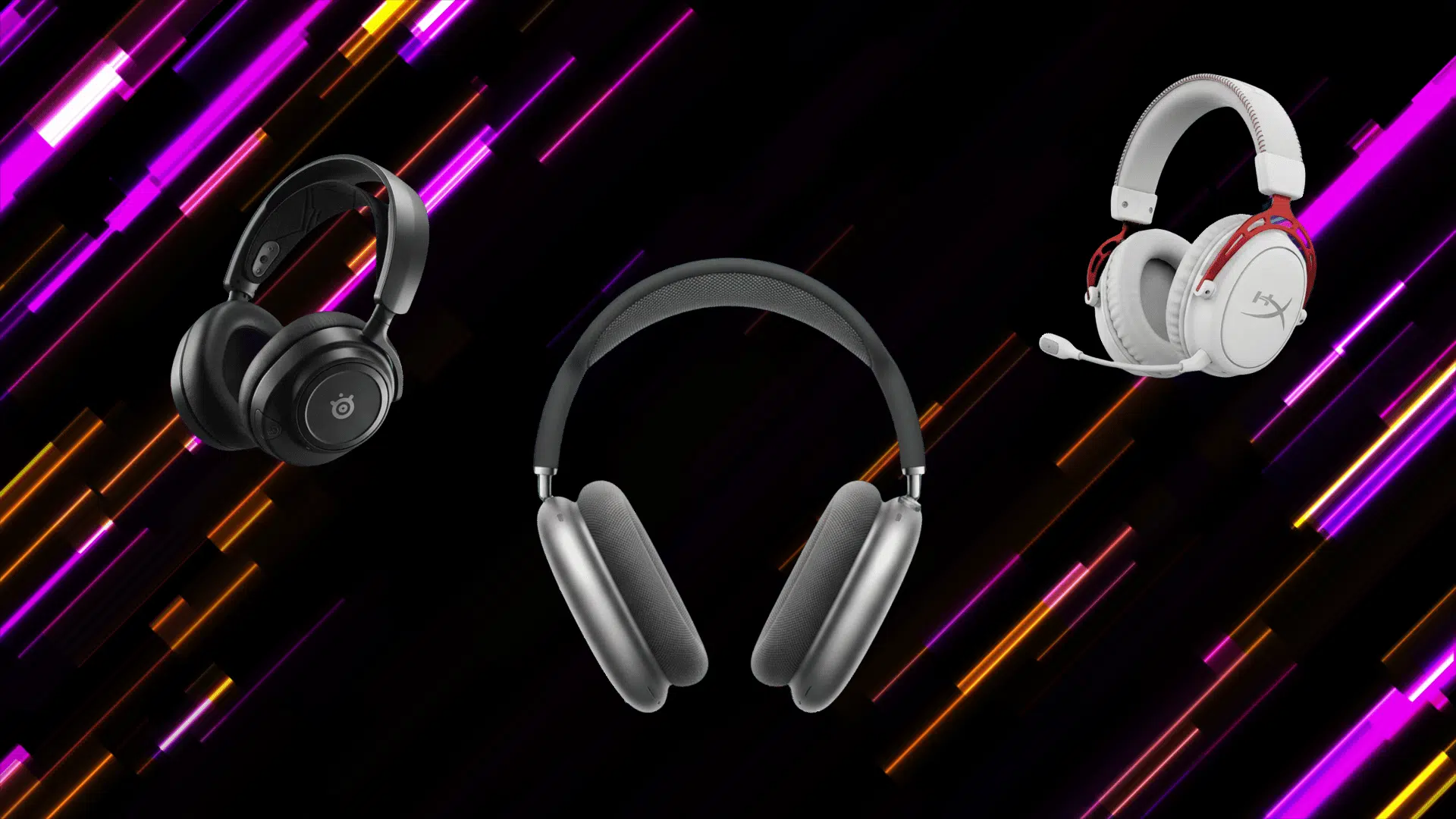 three xbox gaming headsets on a neon glowing background with vibrant blue and pink light streaks creating a futuristic loo