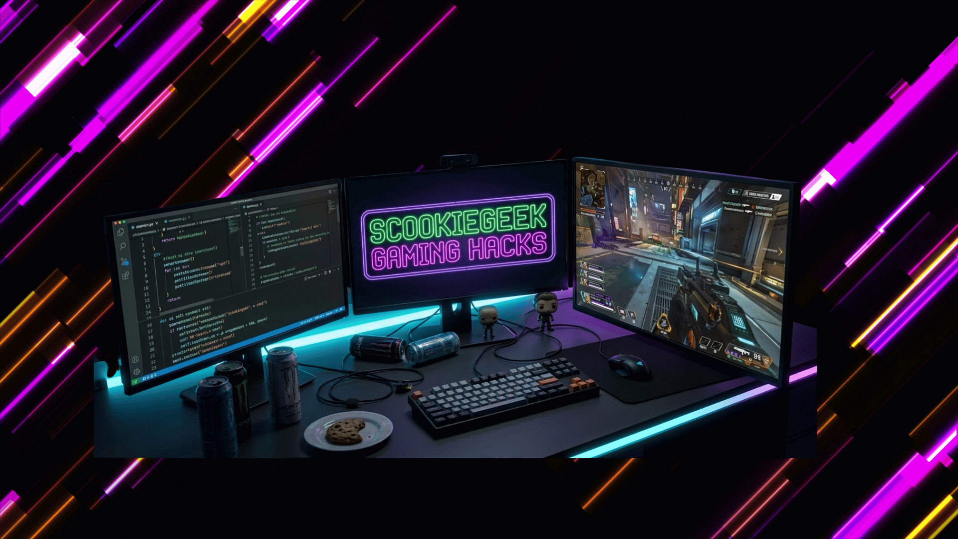 triple monitor gaming setup displaying coding screen, gameplay, and scookiegeek gaming hacks interface with neon lighting setup