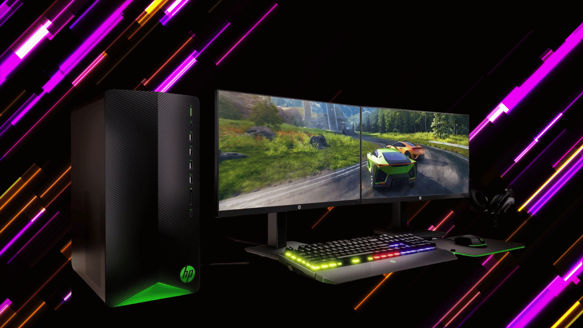 triple monitor gaming setup with desktop PC and RGB keyboard showing racing game visuals across screens for immersive gameplay experience