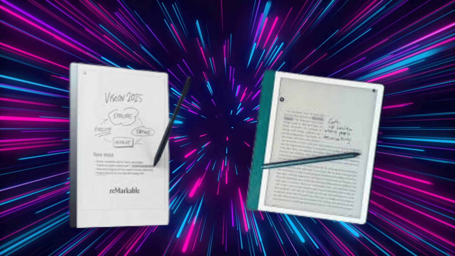 two e-ink note taking tablets with stylus pens displayed against a vibrant neon background, highlighting digital writing and reading features