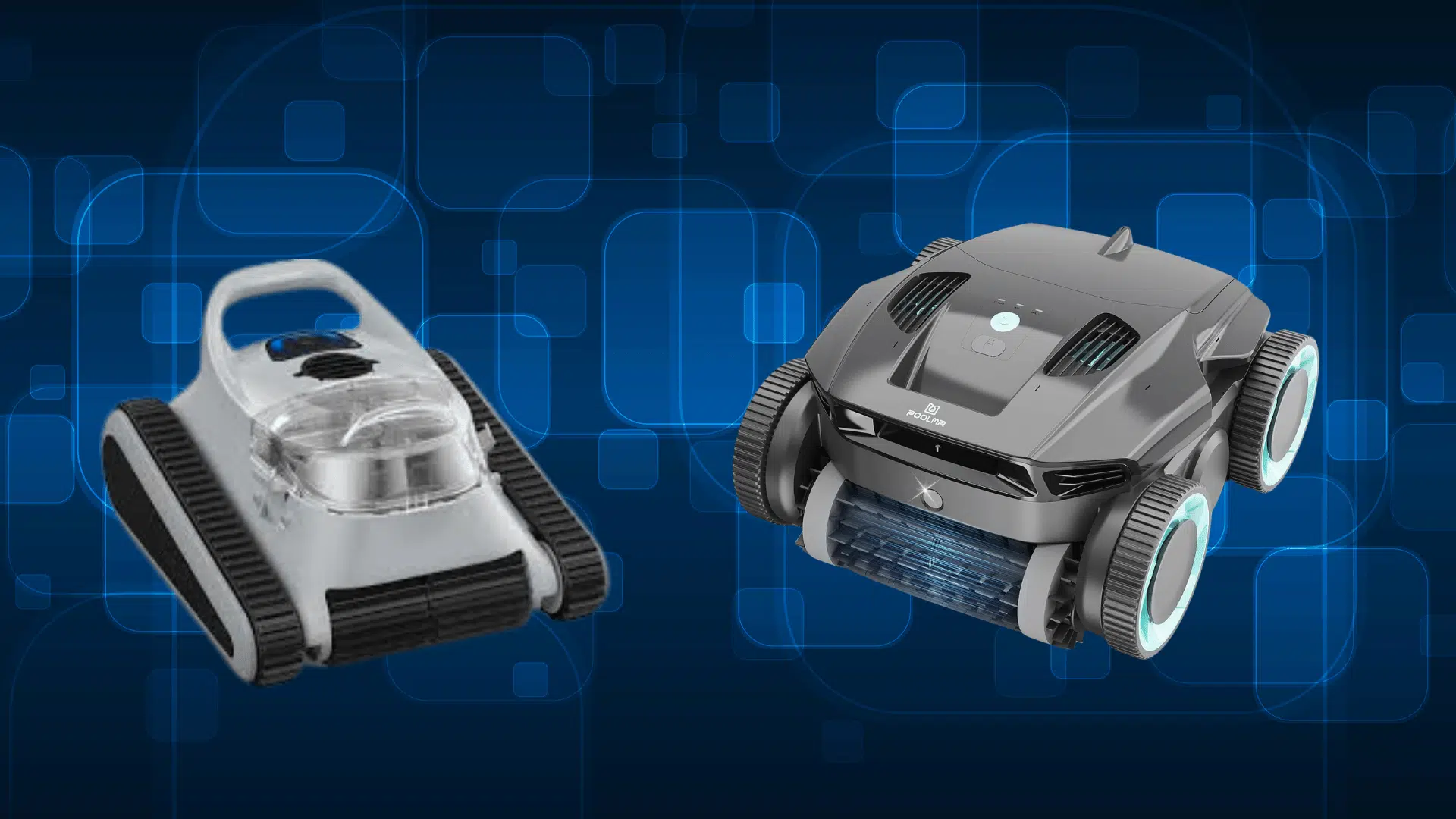 two pool vacuum robots displayed on blue tech background, showcasing different designs and advanced automated pool cleaning technology