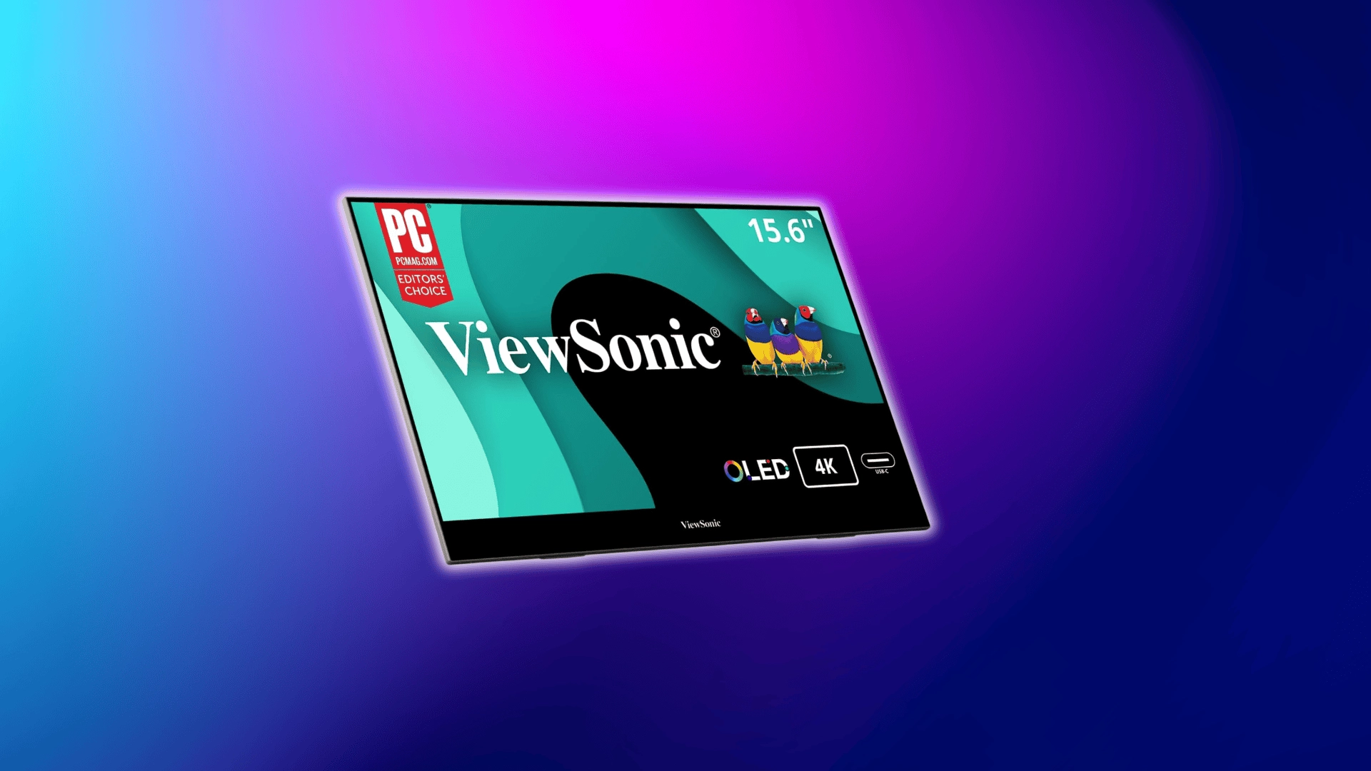 ViewSonic 15.6-inch OLED 4K portable monitor on a purple-blue gradient background