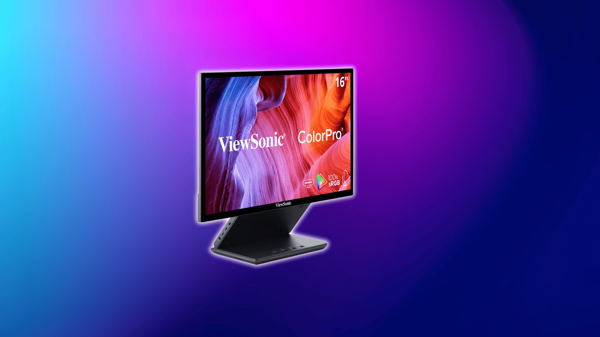 ViewSonic ColorPro 16-inch portable monitor with adjustable stand on a purple-blue background