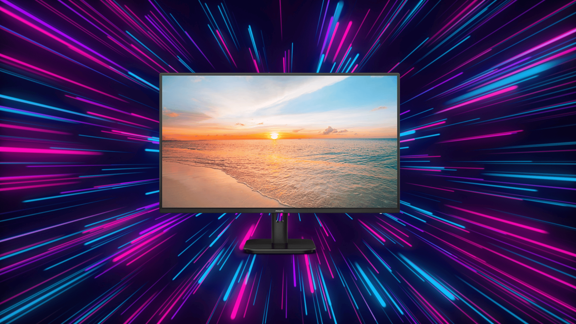 wide monitor displaying sunset beach photo with colorful neon light streak background representing vibrant color accuracy for photo editing